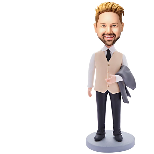 Personalised Business Man Bobblehead in formal wear with engraved text on base — handmade polymer clay figurine with custom head from your photo, ideal corporate desk gift