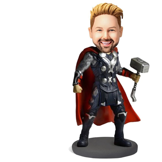 The Mighty Thor personalised polymer-clay bobblehead with customised head and engraved text on base — handcrafted superhero keepsake