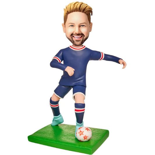 Personalised football player bobblehead in blue kit with a custom head and engraved text — polymer clay custom bobblehead, ideal personalised sports gift