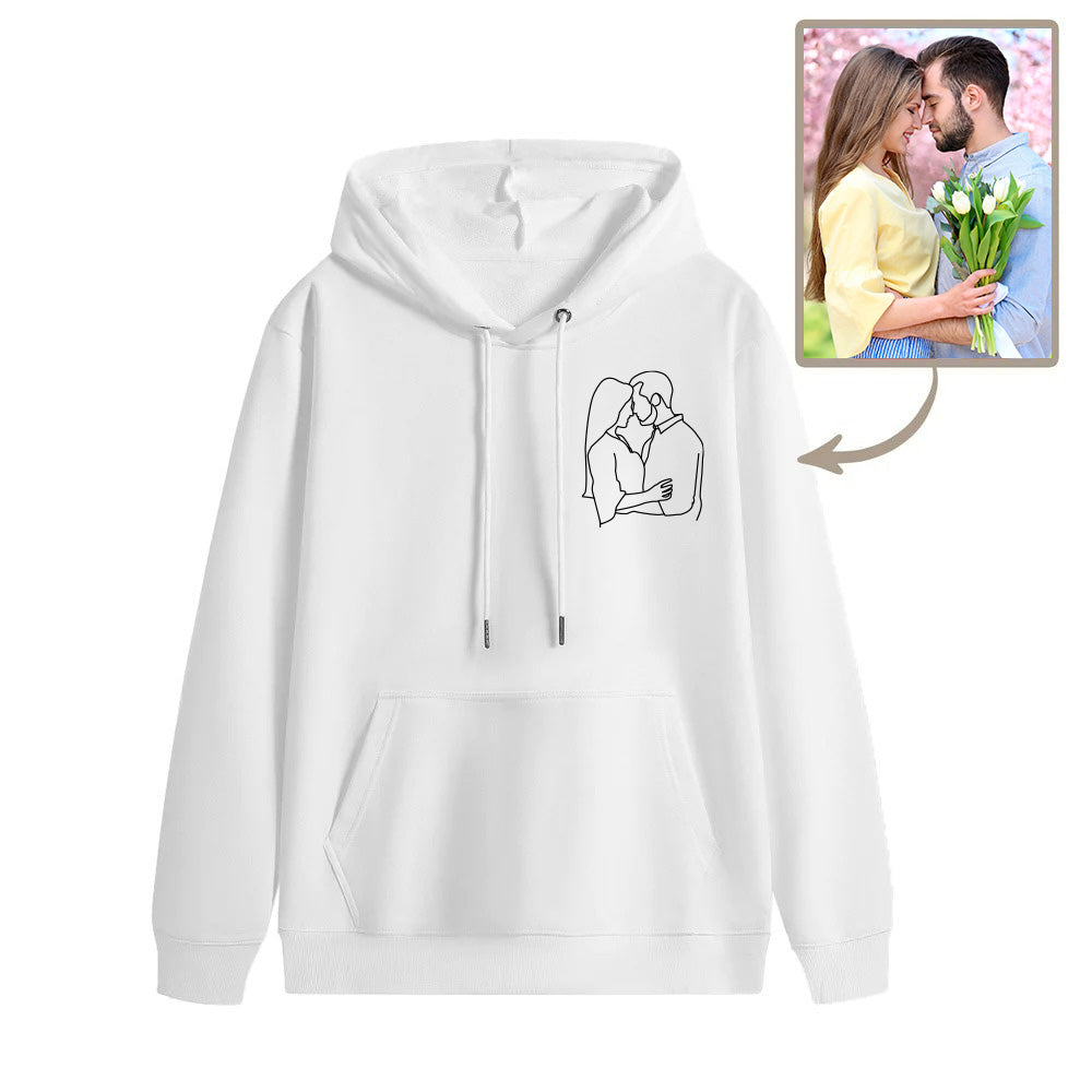 Personalisation guide graphic for Custom Embroidered Photo Hoodie illustrating how to upload a photo for your personalised portrait sweatshirt