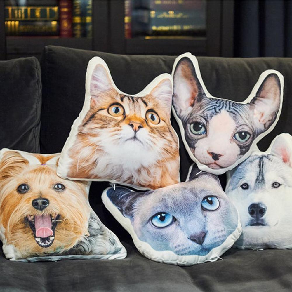 Custom cat-shaped cushion sample — personalised pet photo pillow displayed on sofa, ideal personalised photo gift or pet memorial pillow