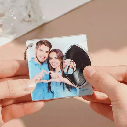 Collection of personalised music keyrings with different photos and messages – acrylic vinyl record keychain gifts for weddings and valentines