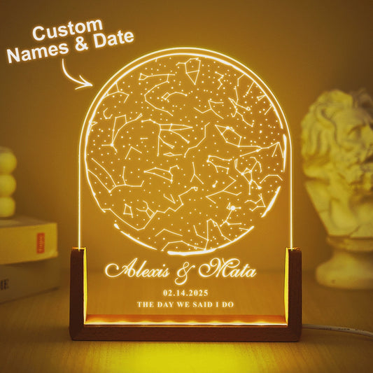 Personalised Name Night Light with Custom Star Map & Walnut Base