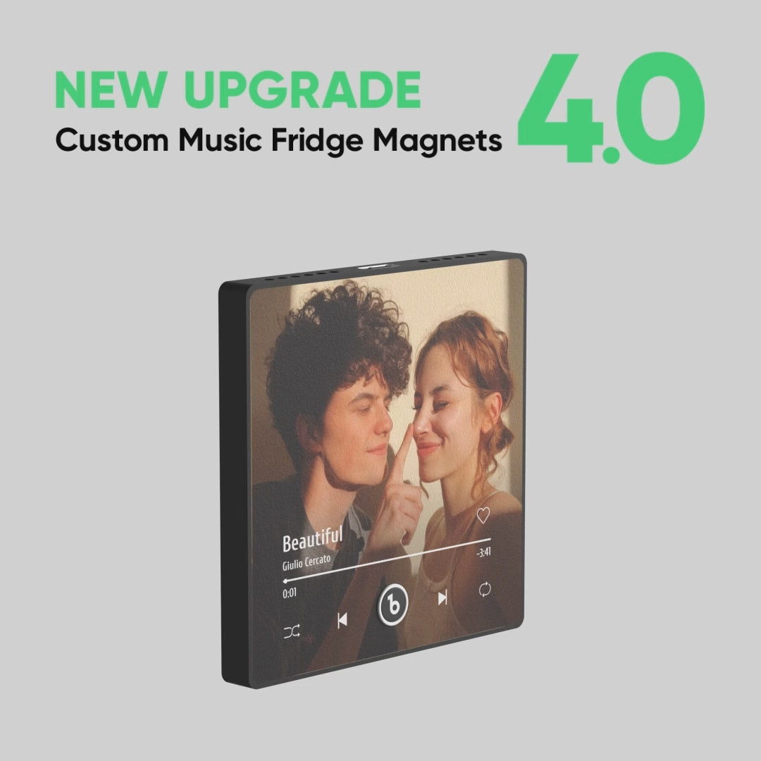 Collection view of FridgeBeats framed custom photo music magnets in colourful frames — personalised Valentine’s Day album stickers, rechargeable
