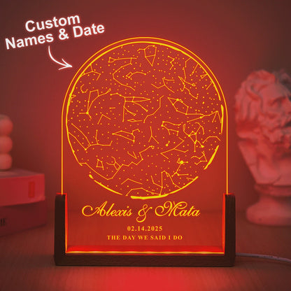 Personalised Star Map Night Light - Custom Engraved Walnut Wood Base | Unique Gift