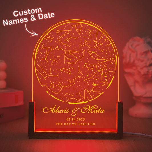 Personalised Star Map Night Light - Custom Engraved Walnut Wood Base | Unique Gift