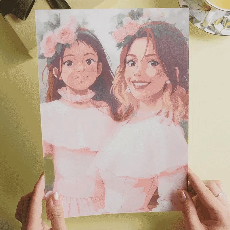 Personalised anime-style lenticular photo frame displayed on a desk and bookshelf - dual-view keepsake gift for birthdays, anniversaries or Valentine's Day