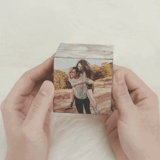 Gift-wrapped personalised infinity folding photo cube presented as a Father's Day gift — charming gifts for him and sentimental keepsakes