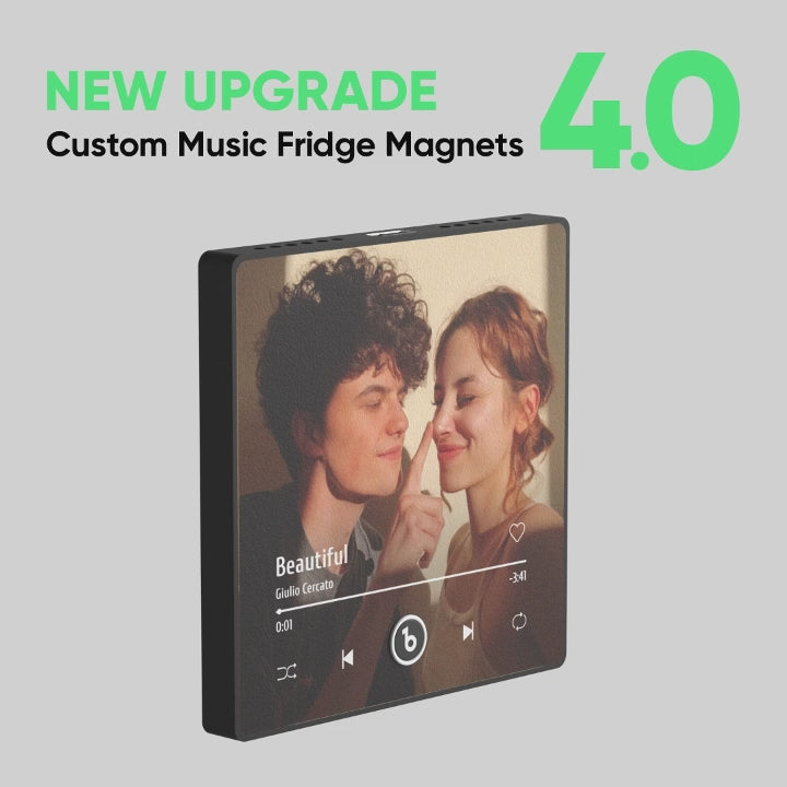 Gift presentation of a personalised FridgeBeats music & photo fridge magnet in a neat box — thoughtful personalised music gift for him or her