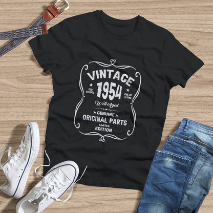 White Vintage 1954 68th birthday shirt — personalised retro design close-up, nostalgic birthday tee for him or her