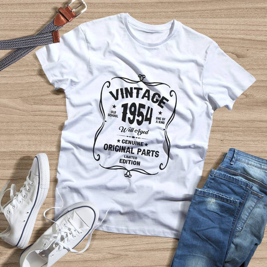 Vintage 1954 68th birthday personalised retro tee in white – classic front print, soft everyday fabric, ideal 68th birthday gift available in 7 sizes